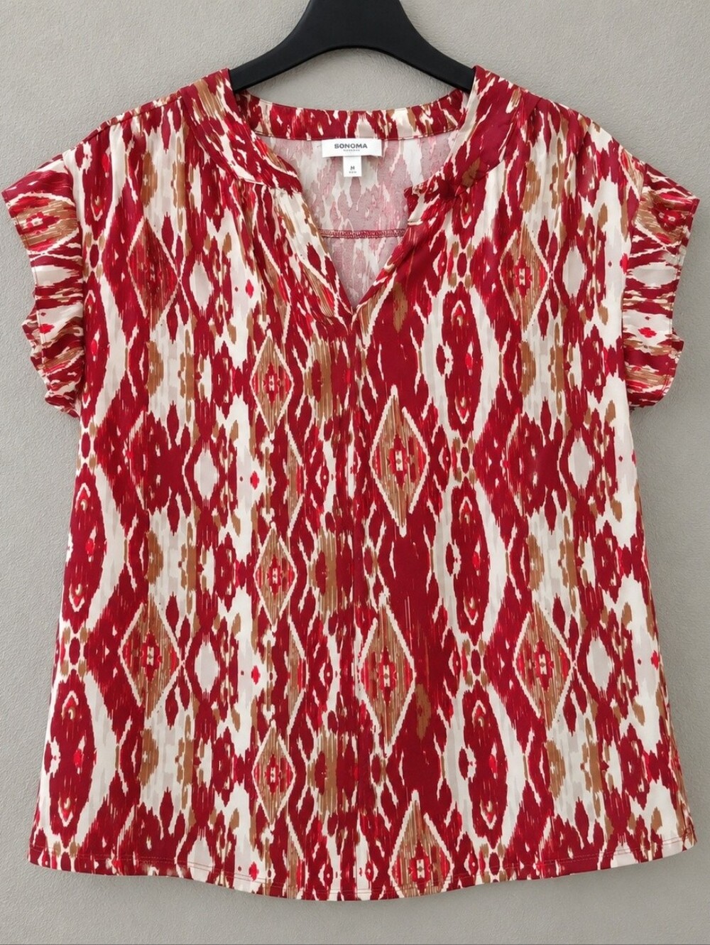 PerSeption Concept Red and Tan Patterned Short Sleeve Blouse